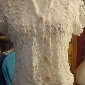 New,white lace crochet button-front hollow out cardigan,reaches waist size med.